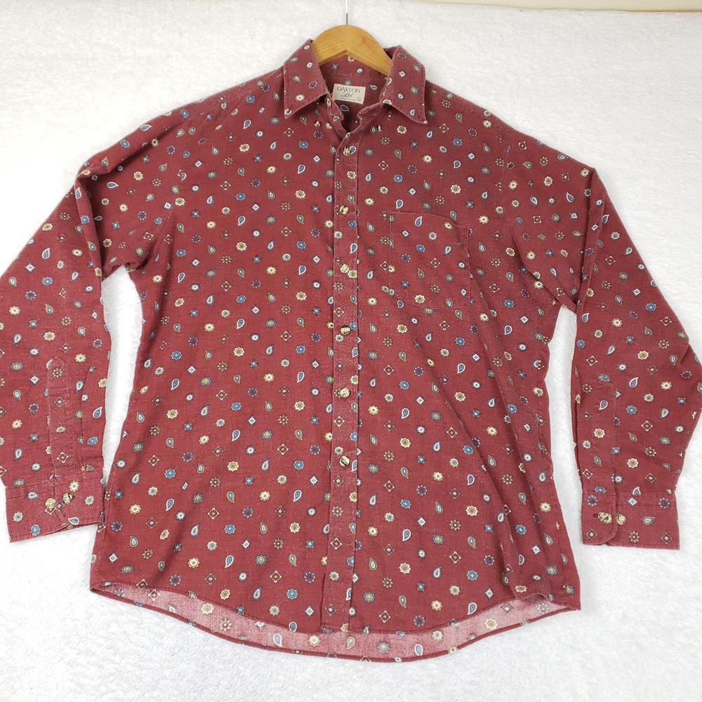 Oakton Ltd Vintage Men Shirt L Paisley Button Up Long Sleeve Red Cotton USA 80s